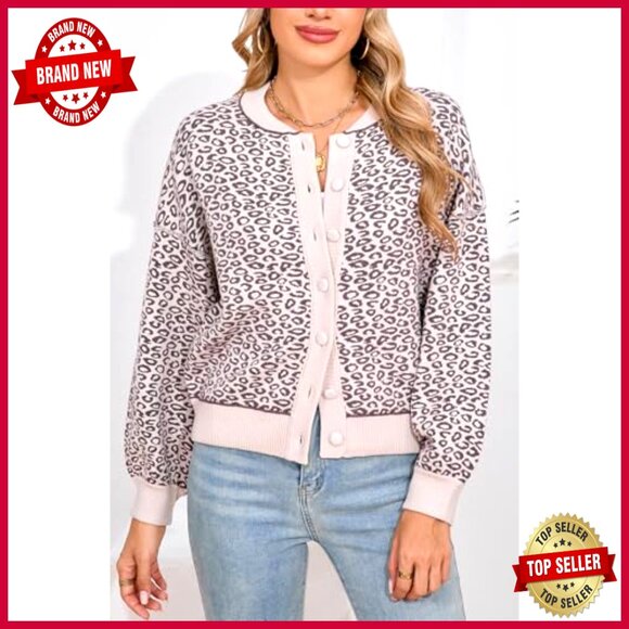Leopard Print Cropped Cardigan Sweater Button Front Long Sleeve Crewneck Y2K - Picture 5 of 7